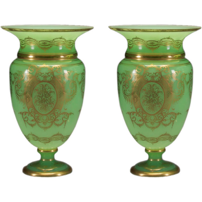 A Large Pair of Charles X Gilt Decorated Green Opaline Vases For Sale