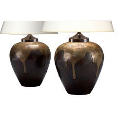 A Pair of Japanese Patinated Brass Drip Glazed Lamps