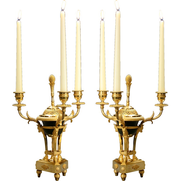A Pair of French Directory Gilt Bronze Athenienne Candelabra