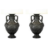 A Pair of  Renaissance Revival Terra Cotta Urns. Now Lamps