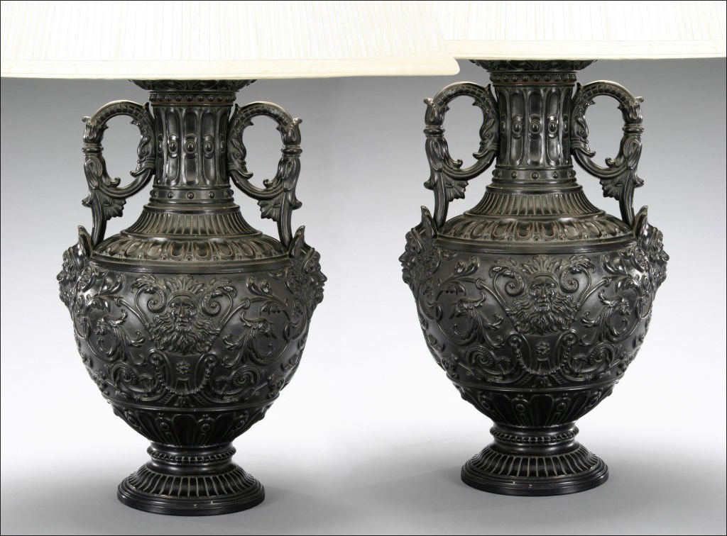 A Pair of  Renaissance Revival Terra Cotta Urns. Now Lamps