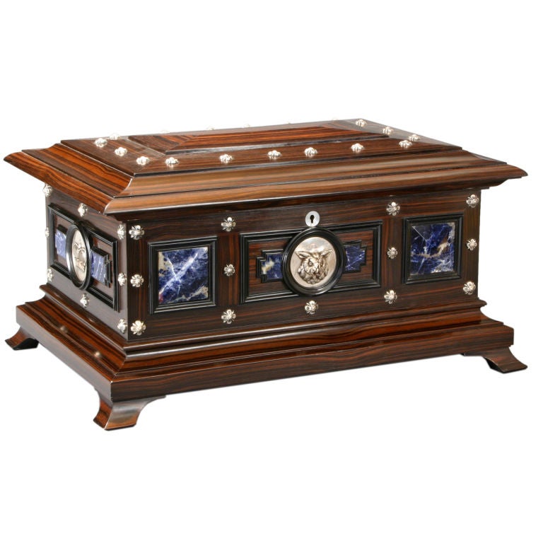 A Swiss Silver, Lapis Lazuli and Macassar Ebony Box
