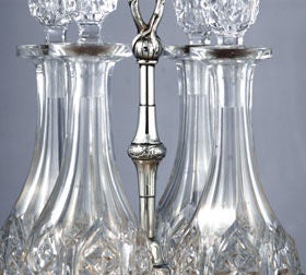 Glass RARE, MUSEUM QUALITY ca 1850 Decanter Stand 4 Bottles Coin Silver ORIG. GLASS For Sale