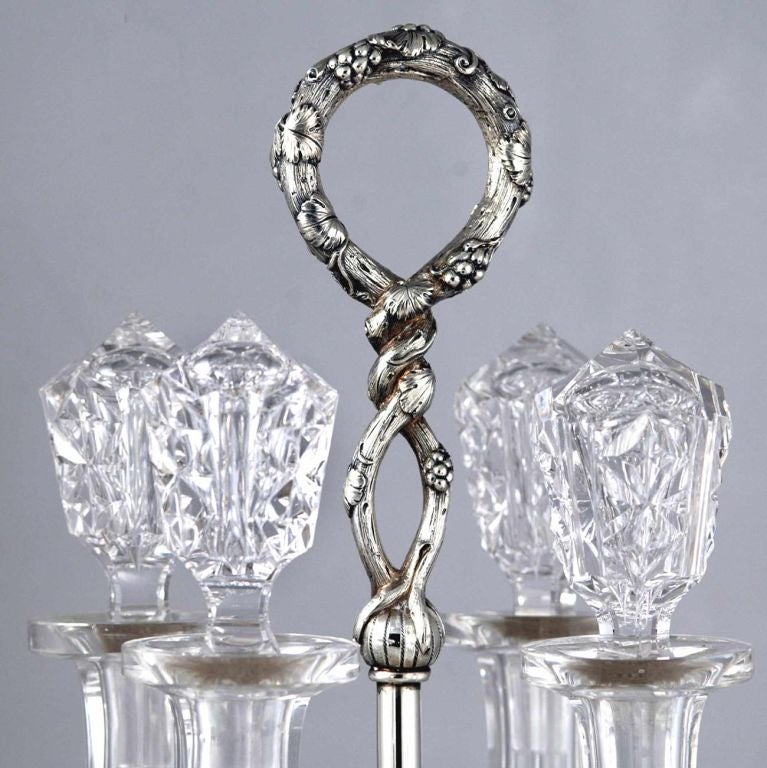 RARE, MUSEUM QUALITY ca 1850 Decanter Stand 4 Bottles Coin Silver ORIG. GLASS For Sale 3