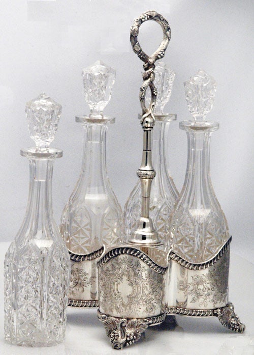 RARE, MUSEUM QUALITY ca 1850 Decanter Stand 4 Bottles Coin Silver ORIG. GLASS For Sale 2