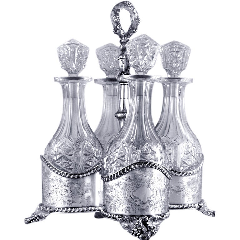 RARE, MUSEUM QUALITY ca 1850 Decanter Stand 4 Bottles Coin Silver ORIG. GLASS For Sale