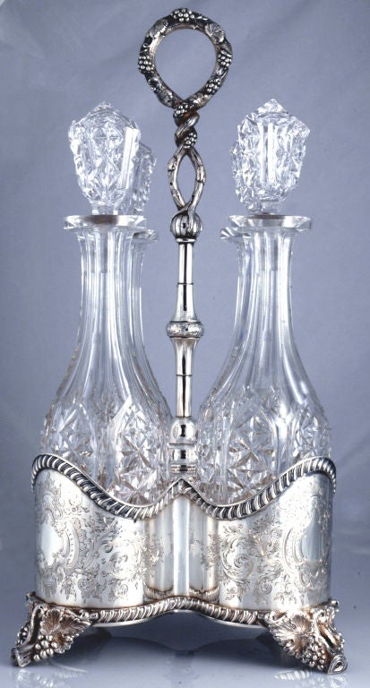 19th Century RARE, MUSEUM QUALITY ca 1850 Decanter Stand 4 Bottles Coin Silver ORIG. GLASS For Sale