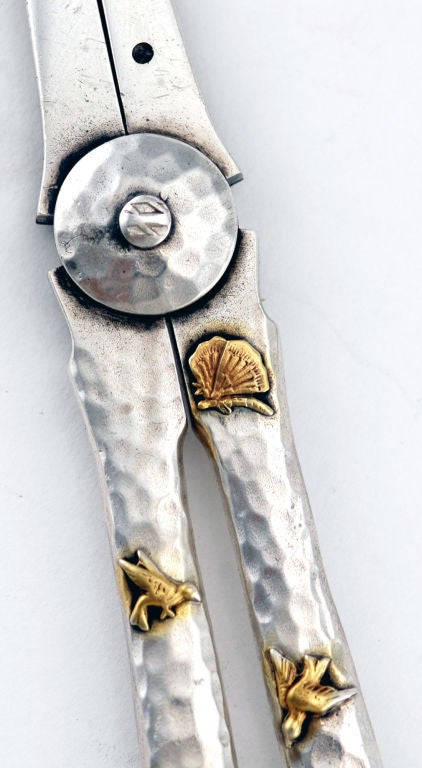 20th Century Gorham ca 1880 Sterling Hammered Grape Shears Applied Elements Bird, Bugs etc For Sale