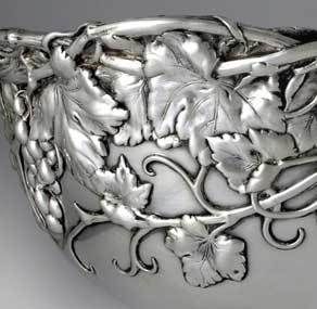 PLEASE VISIT LAUREN STANLEY<br />
<br />
A fine Circa 1890 sterling silver punch bowl by Whiting of New York, with applied vines of grapes and leaves throughout the entire body of the bowl, irregular shaped to rim with applied branches, all on