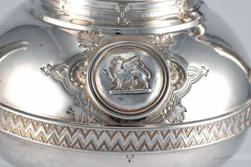 The Suez Canal opened in 1869.  Verdi composed Aida in 1870.  And from about 1868-1875 there were all things Egyptian in American decorative arts.

Being offered is a fine circa 1870 sterling silver five (5) piece coffee and tea set with tray by