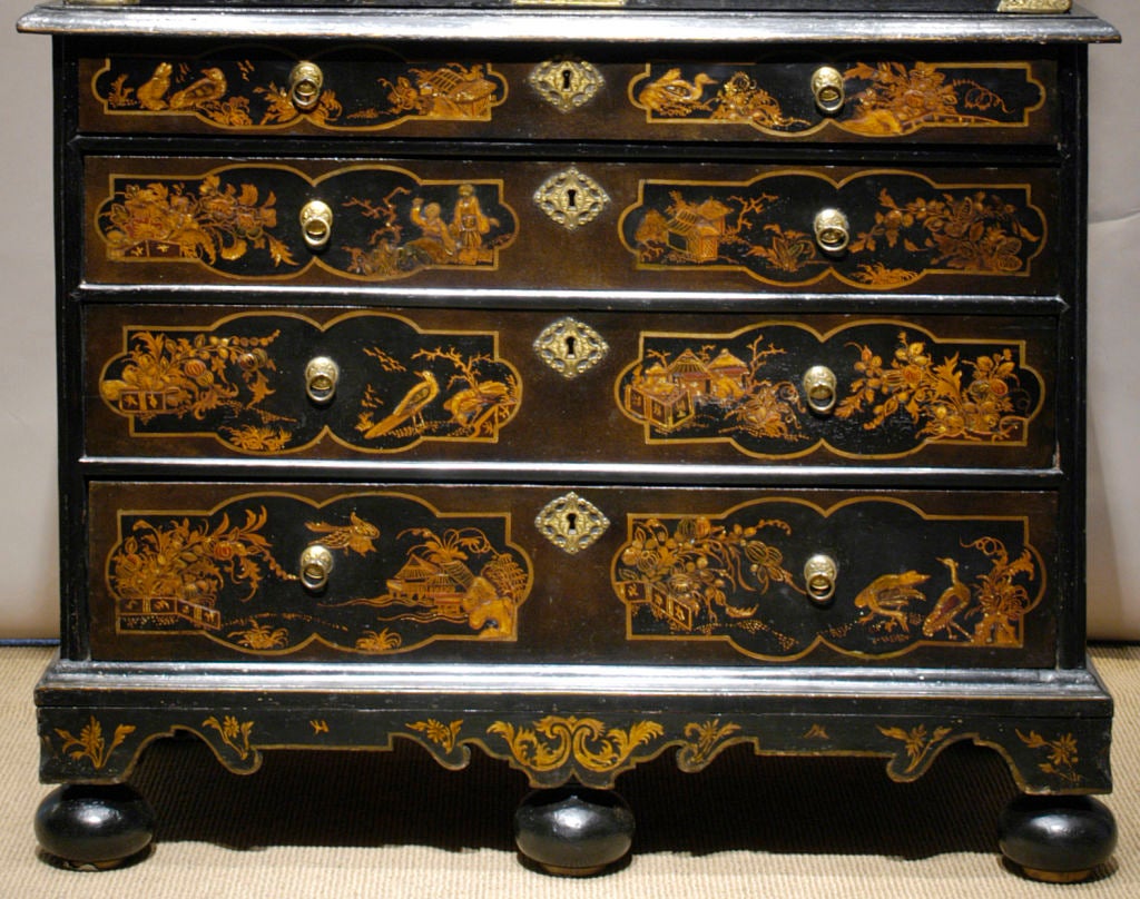 Rare William & Mary period japanned cabinet on chest with original cast gilt brass mounts, decorated with chinoiserie landscapes, birds and butterflies,English or Dutch c. 1690. Provenance: Chateau de Brumare, Normandy,listed in inventory of 1787.