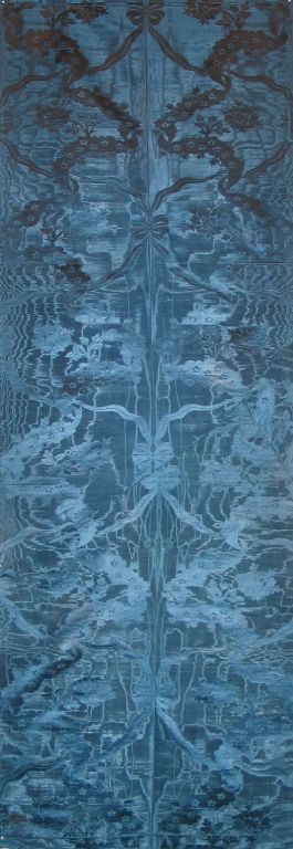 Sapphire Blue Moire Silk Damask For Sale