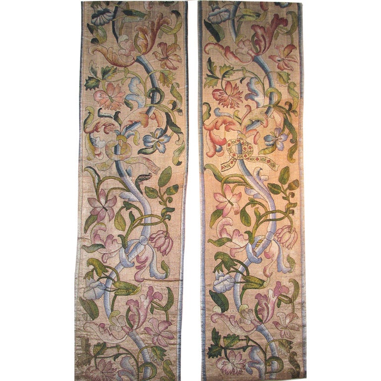 17th Century pair of Embroidered Column Covers For Sale