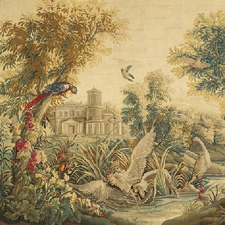 A very fine circa 1760 French Aubusson tapestry verdure depicting a river bank scene with a large bird and dog in the foreground framed by red flowers with a chateau depicted in the background. Woven in wool and silk without a border.