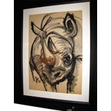 Original Pen and Ink with Watercolor of a Rhino by Jean Poulain
