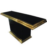 Black Glass, Lacquer  Console Table with Brass Trim Detail