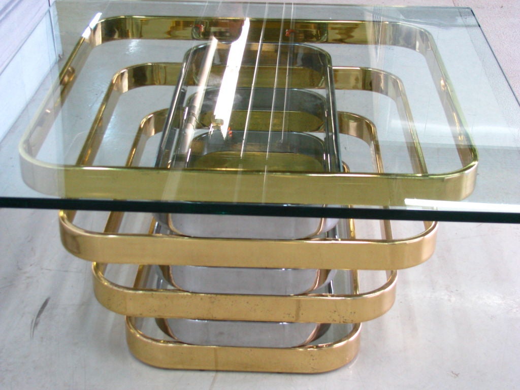 Chrome and Brass Band Coffee Table with Glass Top