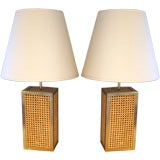 1970's French Brass Lamps with Caning Insets