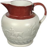 Antique Smear glaze and enameled stoneware  hunting jug