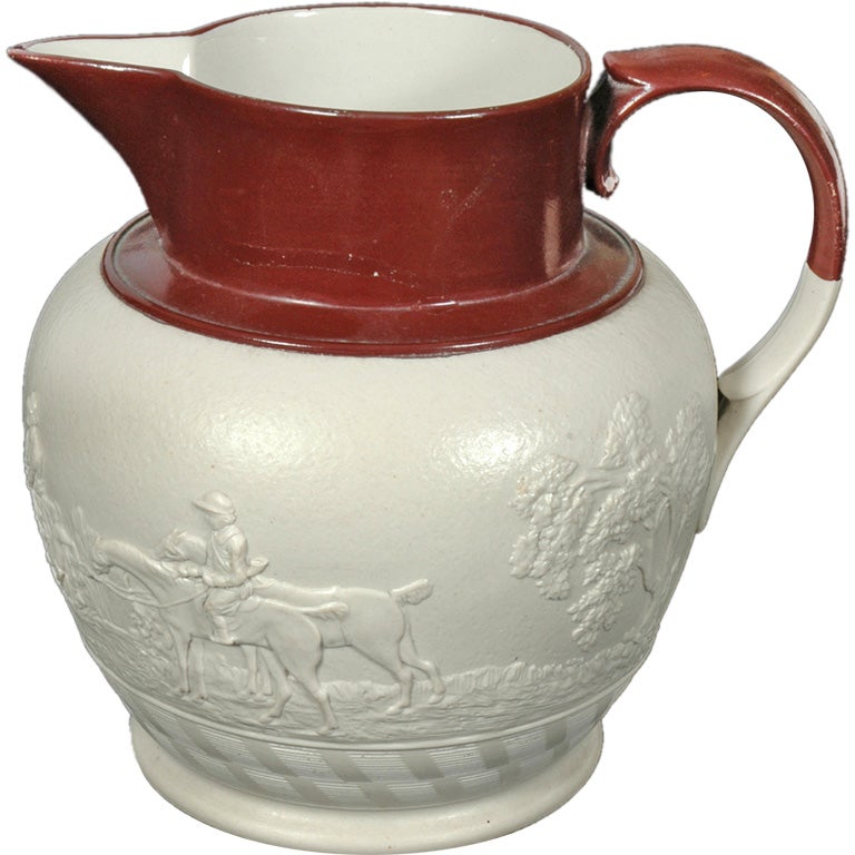 Smear glaze and enameled stoneware  hunting jug For Sale