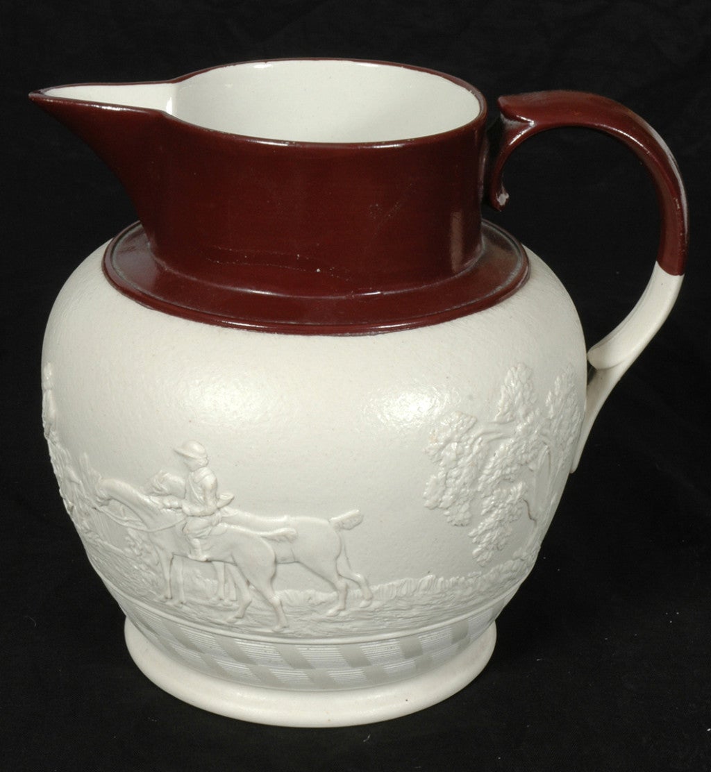 Smear glaze and enameled stoneware  hunting jug, impressed: Spode,   Staffordshire England circa l810