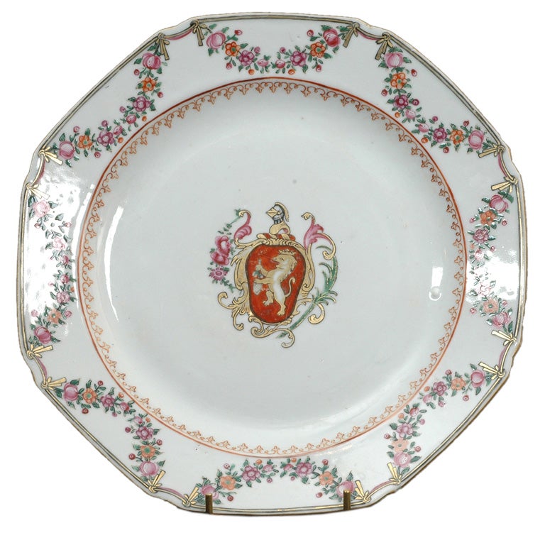 Famille rose porcelain armorial plate, octagonal For Sale