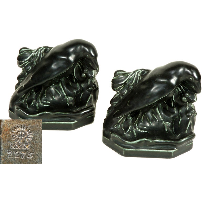 Pair of black Rookwood Pottery ceramic rook/raven bookends For Sale