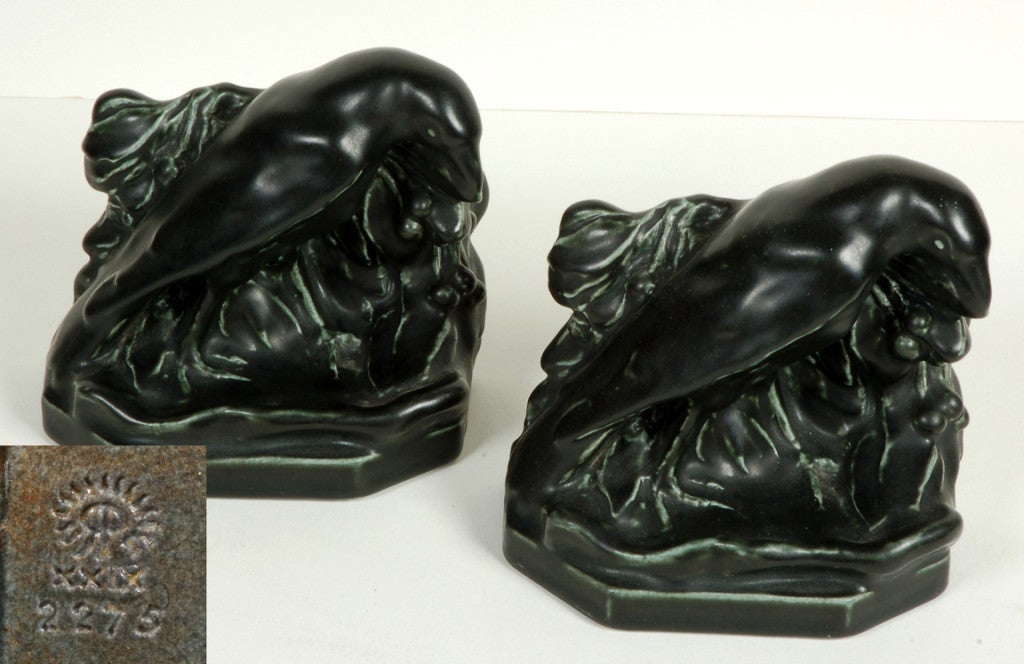 Pair of black  ceramic rook/raven bookends impressed with the logo of the  Rookwood Potteries, Buffalo New York,  and dated, 1929