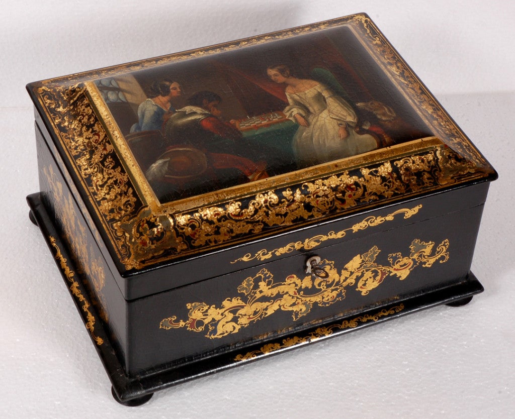 English black papier mache’  hinged lid box