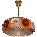 Swedish Mid-Century Modern Teak and Art Glass Pendant Chandelier