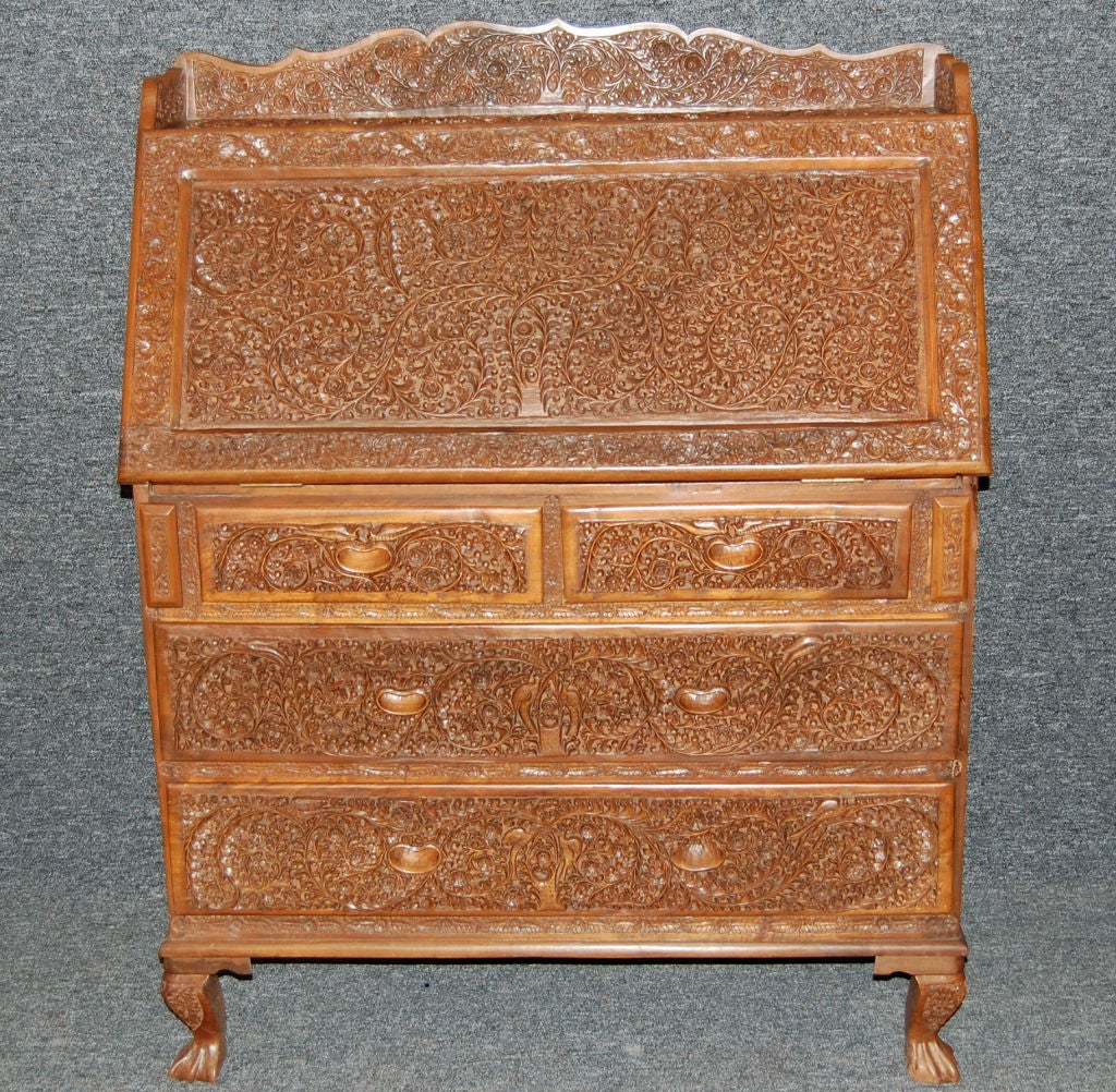 20th Century British Colonial Hand-Carved Burmese Teak Drop Leaf Secretaire