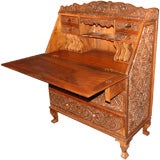 British Colonial Hand-Carved Burmese Teak Drop Leaf Secretaire