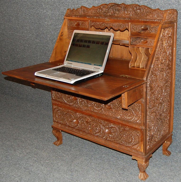 British Colonial Hand-Carved Burmese Teak Drop Leaf Secretaire 2