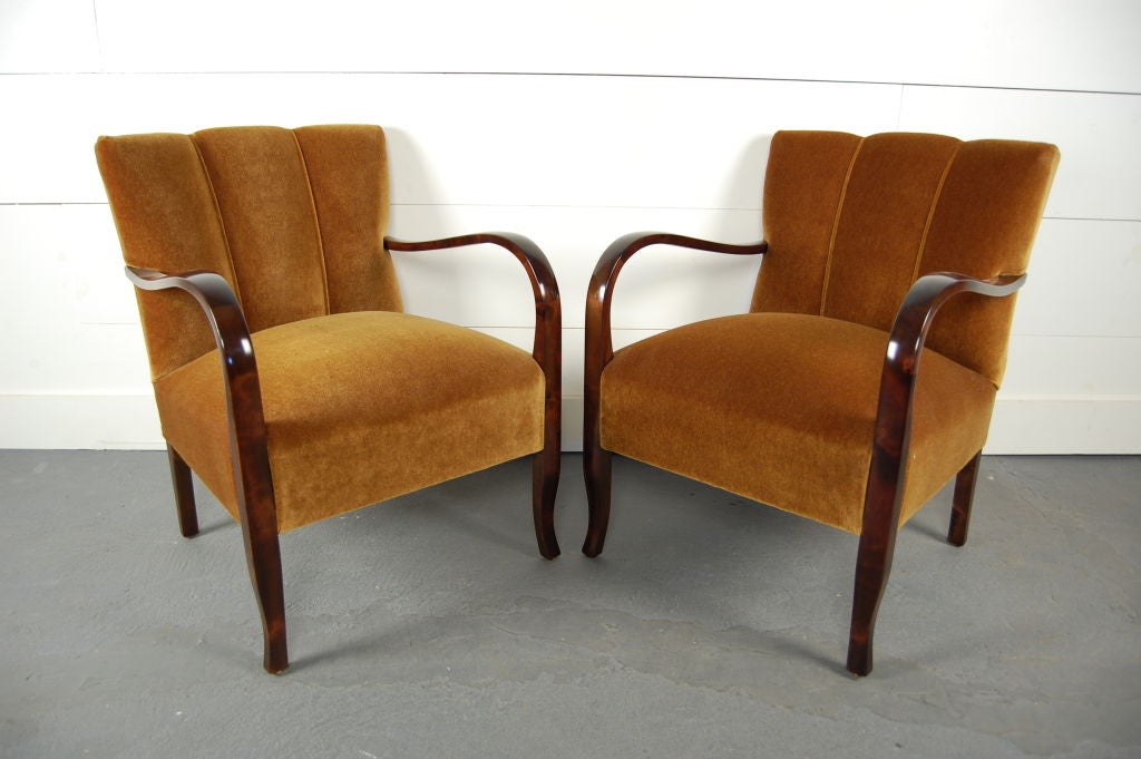 Swedish Art Deco Moderne Caramel Mohair Arm Chairs