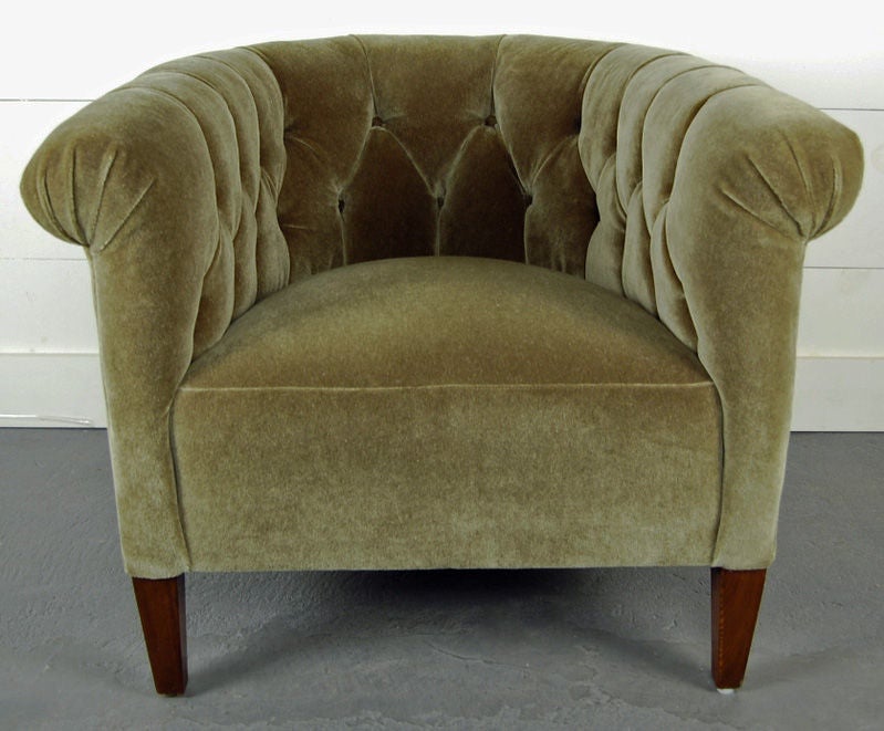 - Swedish Art Deco Chesterfield style club chairs<br />
- Dark flame birch tapered legs.<br />
- Hardwood inner frames.<br />
- Eight-way hand-tied springs.<br />
- Completely rebuilt padding.<br />
- Newly restored and reupholstered in mossy