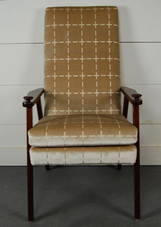 Dark mahogany outer frame.

Hardwood inner frame.

New recycled foam back and seat cushion.

New luxurious high-end taupe and ivory windowpane-checked velvet upholstery fabric.

Very comfortable.

Swatch available upon request.

Please