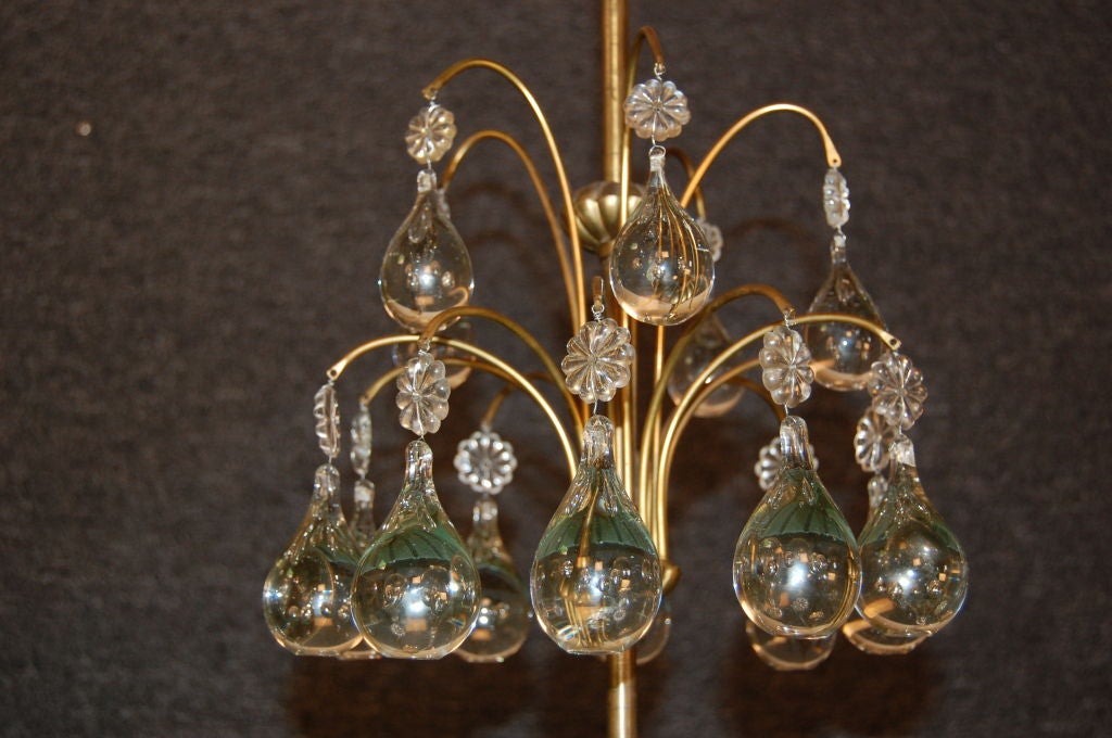 Brass Orrefors Crystal Chandelier and Etched Glass Pendant Chandelier For Sale