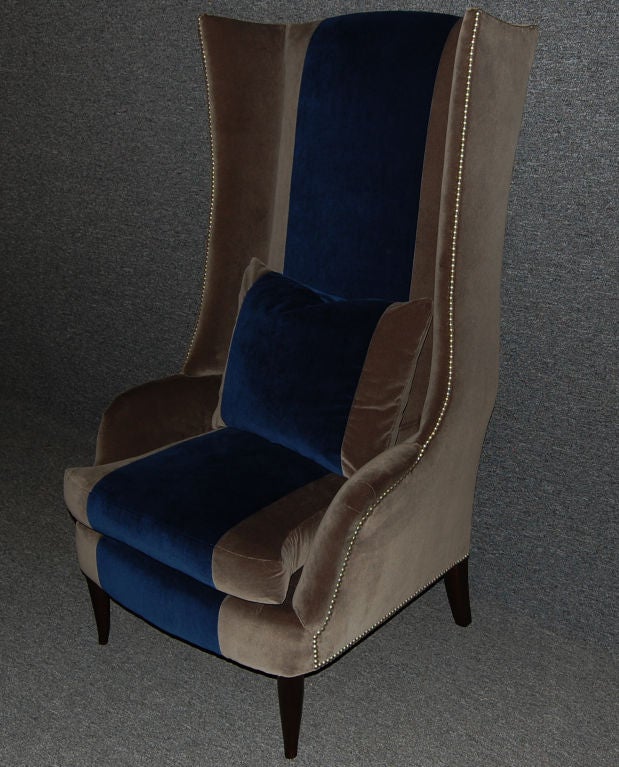 Exclusive bench-made extra tall wing chair - designed and bench-made by BJORK. Upholstered in steel gray velvet with deep royal lapis blue wide velvet stripe, down/feather-wrapped recycled foam cushion, maple legs in dark espresso finish and nickel