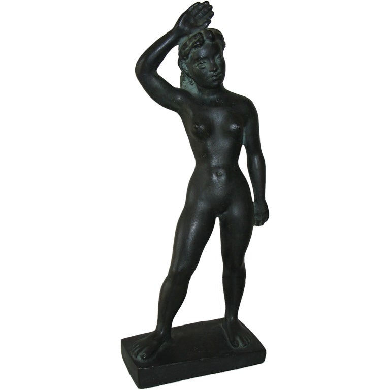 Bronze female nude by noted Swedish sculptor Arvid Hallstrom (1893-1967).  Foundry mark on base.

Kallstrom studied early in his career in Copenhagen with the famous Danish sculptor Kai Nielsen.  Nielsen was known for his reverence of and talent