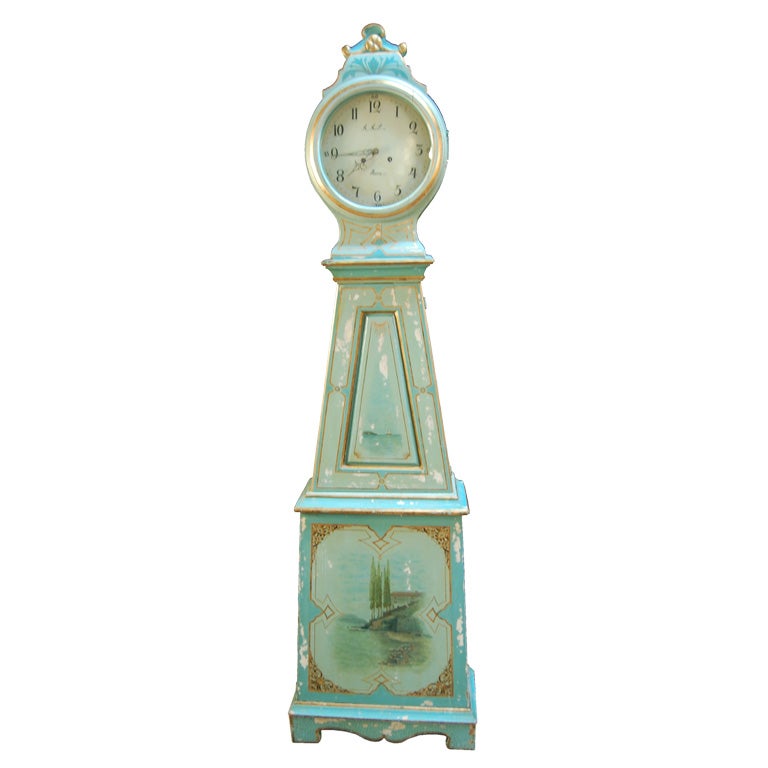 Handpainted Gustavian Mora Floor Clock<br />
<br />
Clock does run and keeps good time. Parts cannot be guaranteed to be original to this particular clock, as they were often changed, repaired and added to over the years.