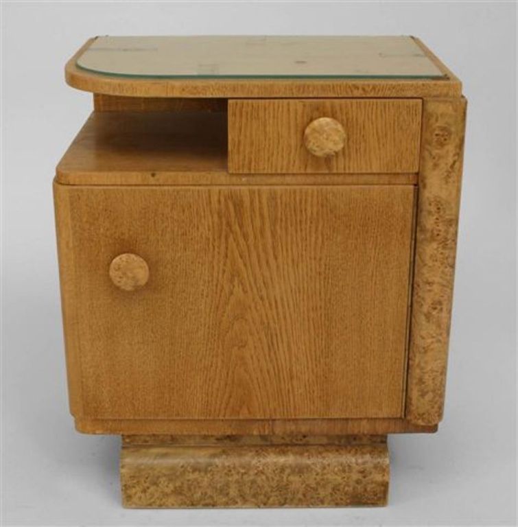 Pair French Art Deco Oak and Burl Wood Bedside Commodes