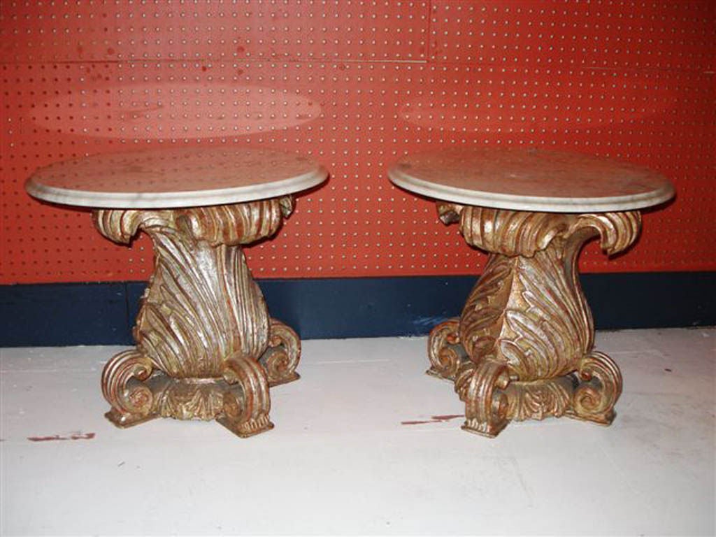Pair of Silver Leaf and Ornately Carved Marble Top Tables