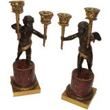 Antique Pair Empire Bronze 
Marble Cherub Candelabrum