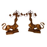 Pair of Antique Gilt Wood Sphinx Five Light Candelabrums