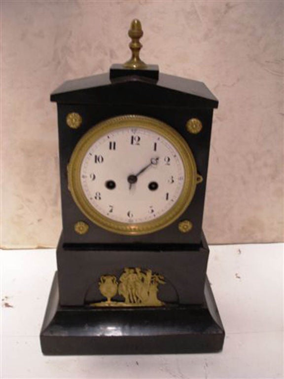 Empire Black Lacquer Mantle Clock with Bronze Motif
