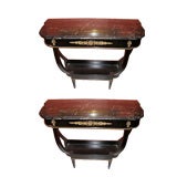 Pair of Two Tier Black Lacquer Marble Top Consoles