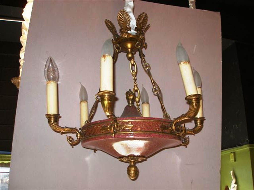 Empire Style Six Light Chandelier Pierced Feather Form Finial