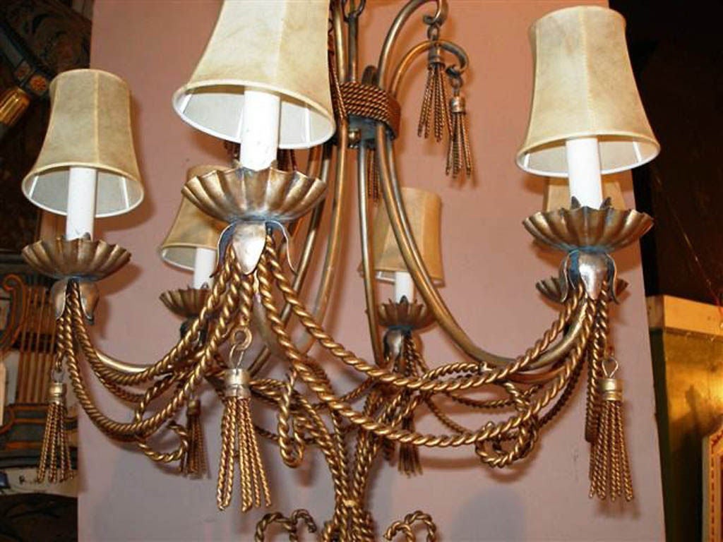 Pair of Gilt Metal Rope Form 6 Light Chandeliers