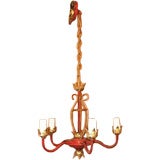 Pair of Red/Gilt Tole 5 Light Chandeliers