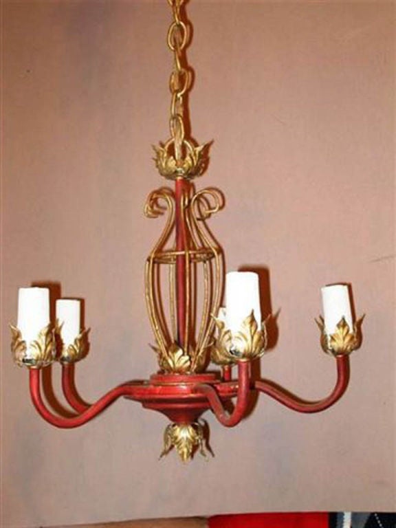 Pair of Red/Gilt Tole 5 Light Chandeliers